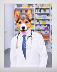 Personalized pet poster featuring a corgi's head on a pharmacist's body in a white lab coat and blue tie.