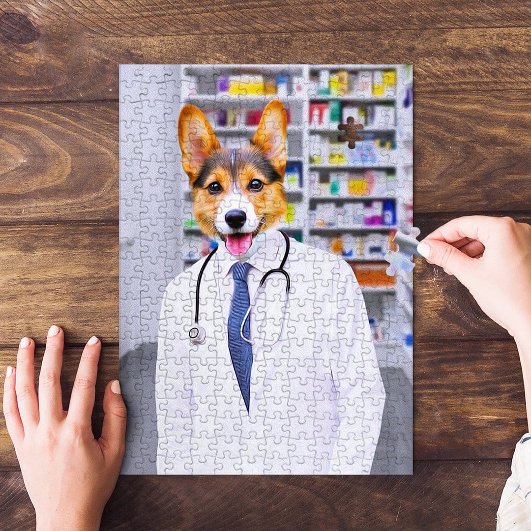 Personalized pet puzzle featuring a corgi dressed as a pharmacist in a white lab coat and stethoscope.