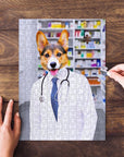 Personalized pet puzzle featuring a corgi dressed as a pharmacist in a white lab coat and stethoscope.