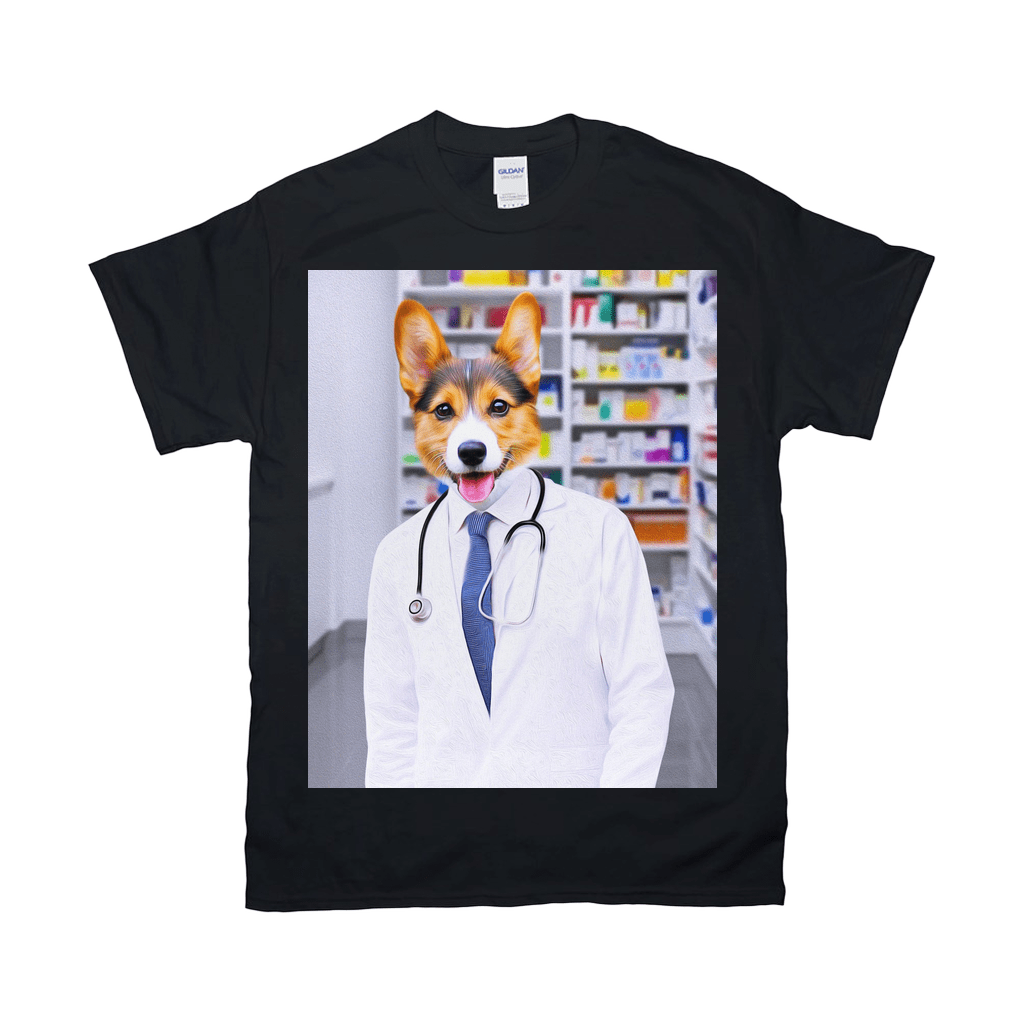 Black Gildan t-shirt with a personalized print of a corgi dog dressed as a pharmacist.