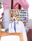 Personalized tote bag with a custom corgi pet portrait dressed as a pharmacist.