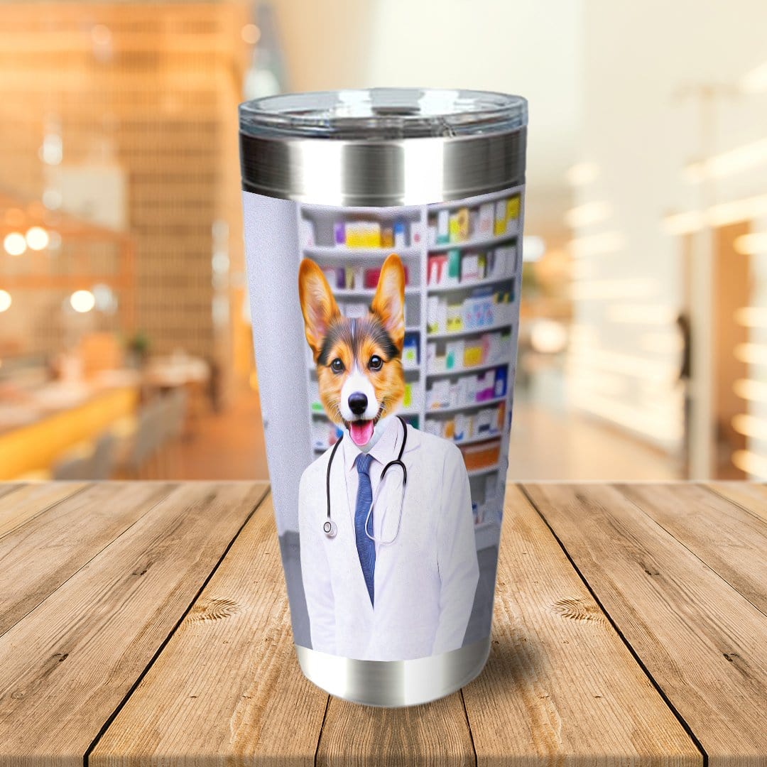 Personalized stainless steel tumbler with a custom portrait of a Corgi dog dressed as a pharmacist.