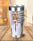 Personalized stainless steel tumbler with a custom portrait of a Corgi dog dressed as a pharmacist.