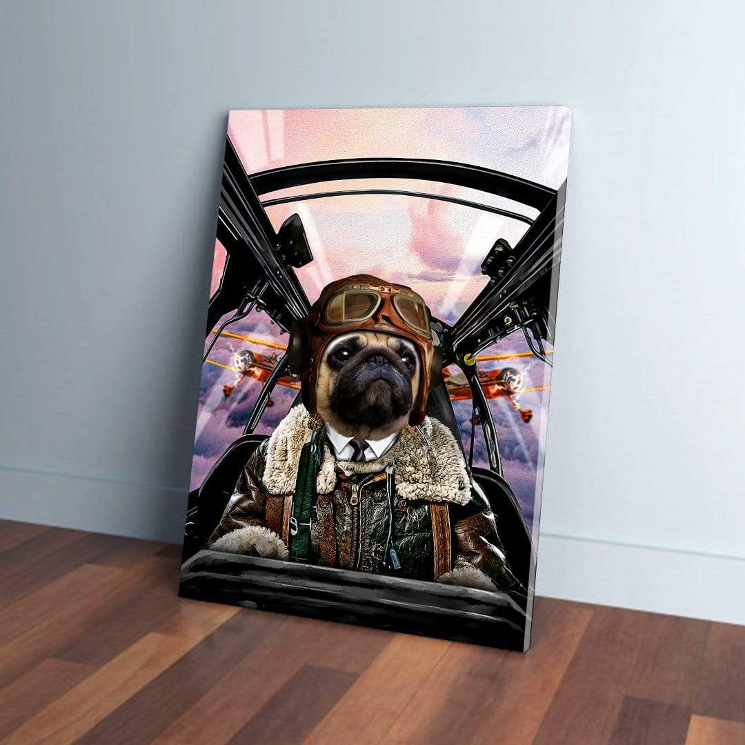 Personalized pet canvas featuring a pug in a vintage pilot's uniform, flying an airplane.