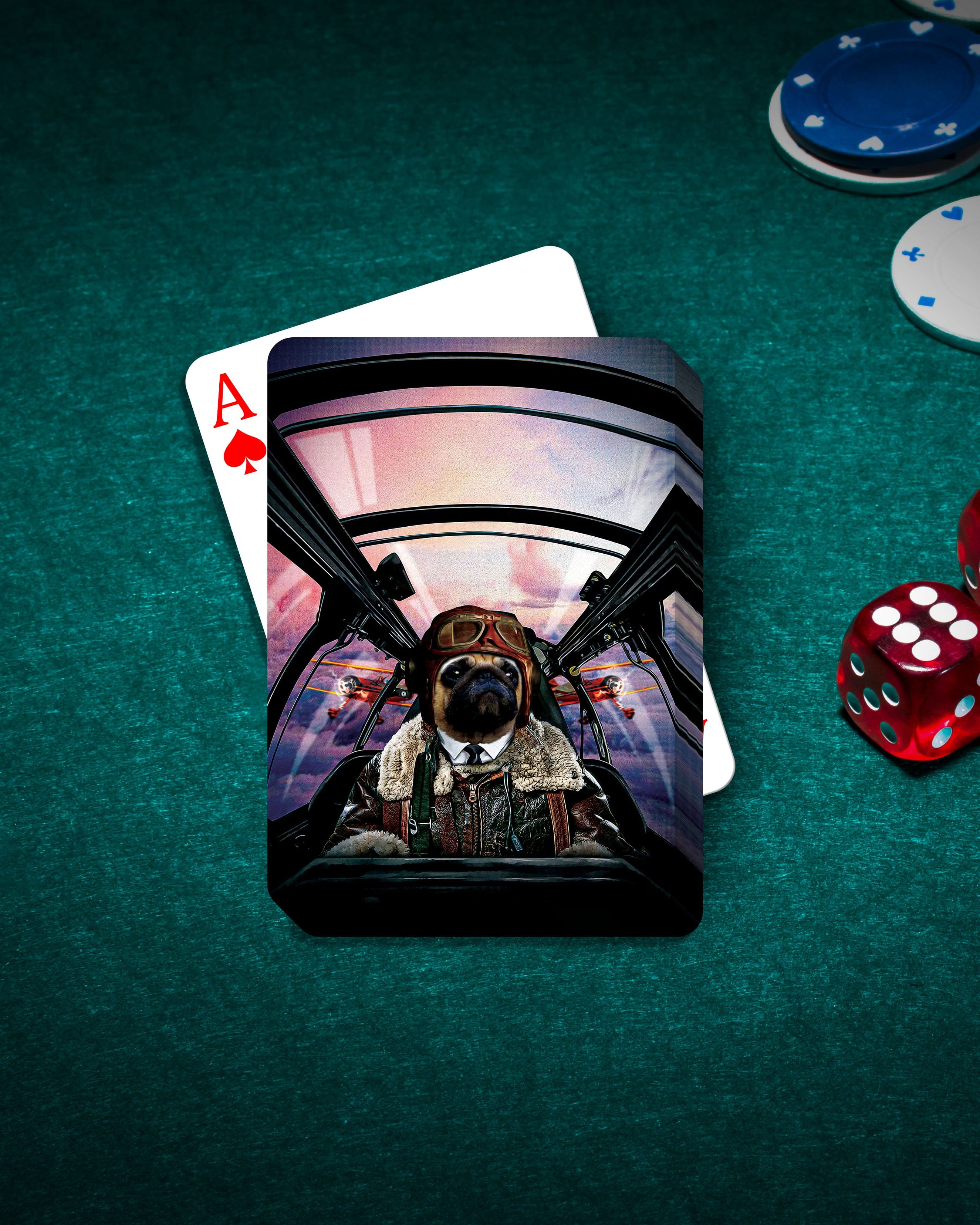Personalized playing cards featuring a pug pet portrait as a pilot in a plane cockpit.