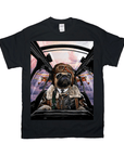 Black Gildan t-shirt with a pug pilot wearing a leather jacket and goggles in a cockpit.