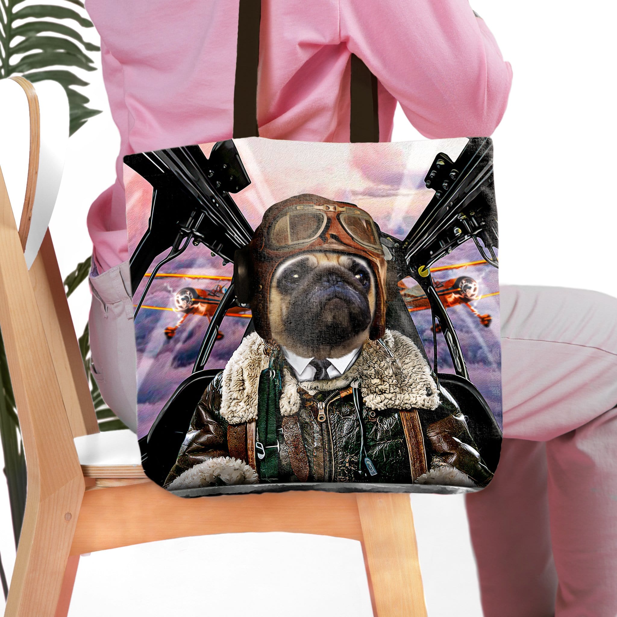 Personalized tote bag with a pug pet portrait as a pilot in a cockpit.