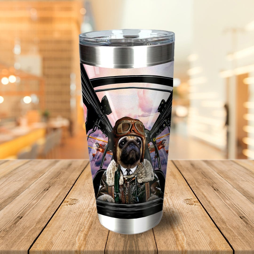 Personalized stainless steel tumbler with a pug dog portrait in a pilot uniform in a cockpit.