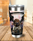 Personalized stainless steel tumbler with a pug dog portrait in a pilot uniform in a cockpit.