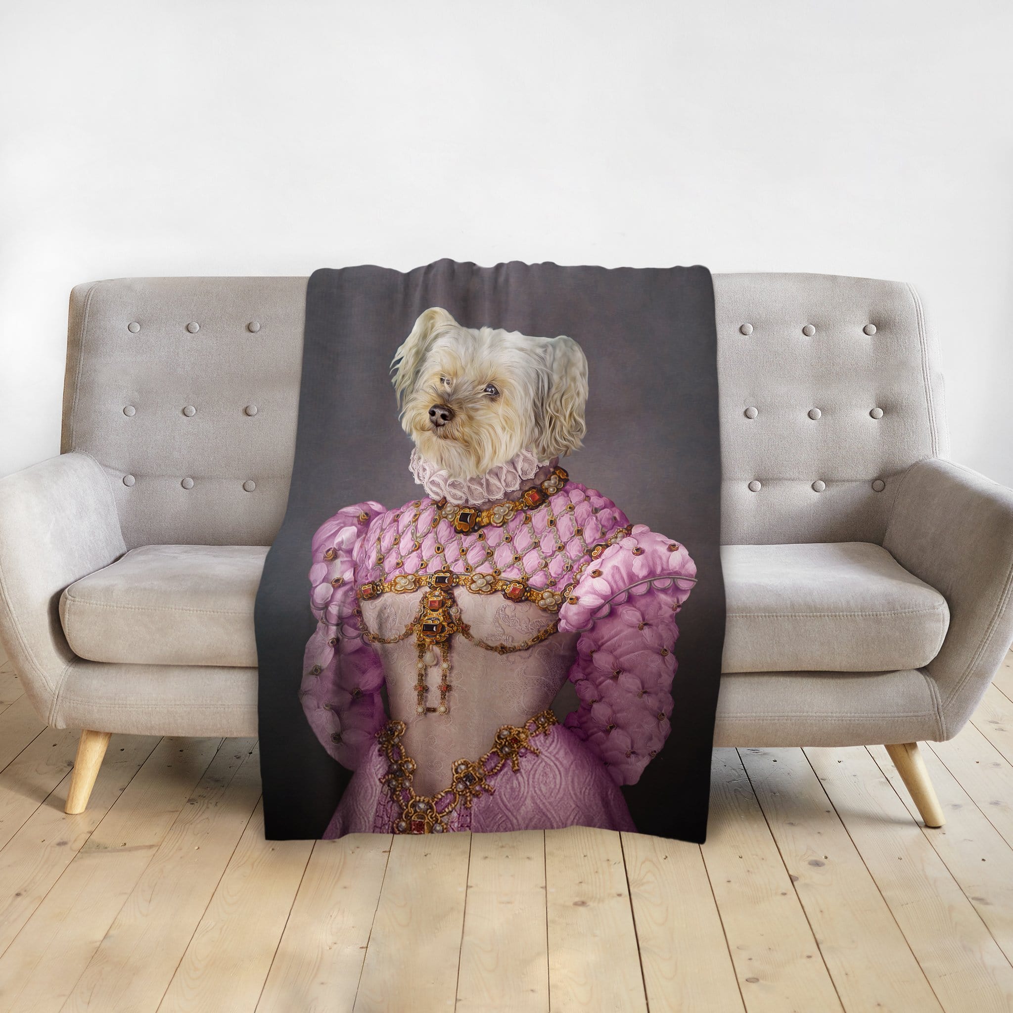 Personalized pet blanket with a royal renaissance portrait of a white dog in a pink gown.