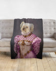 Personalized pet blanket with a royal renaissance portrait of a white dog in a pink gown.