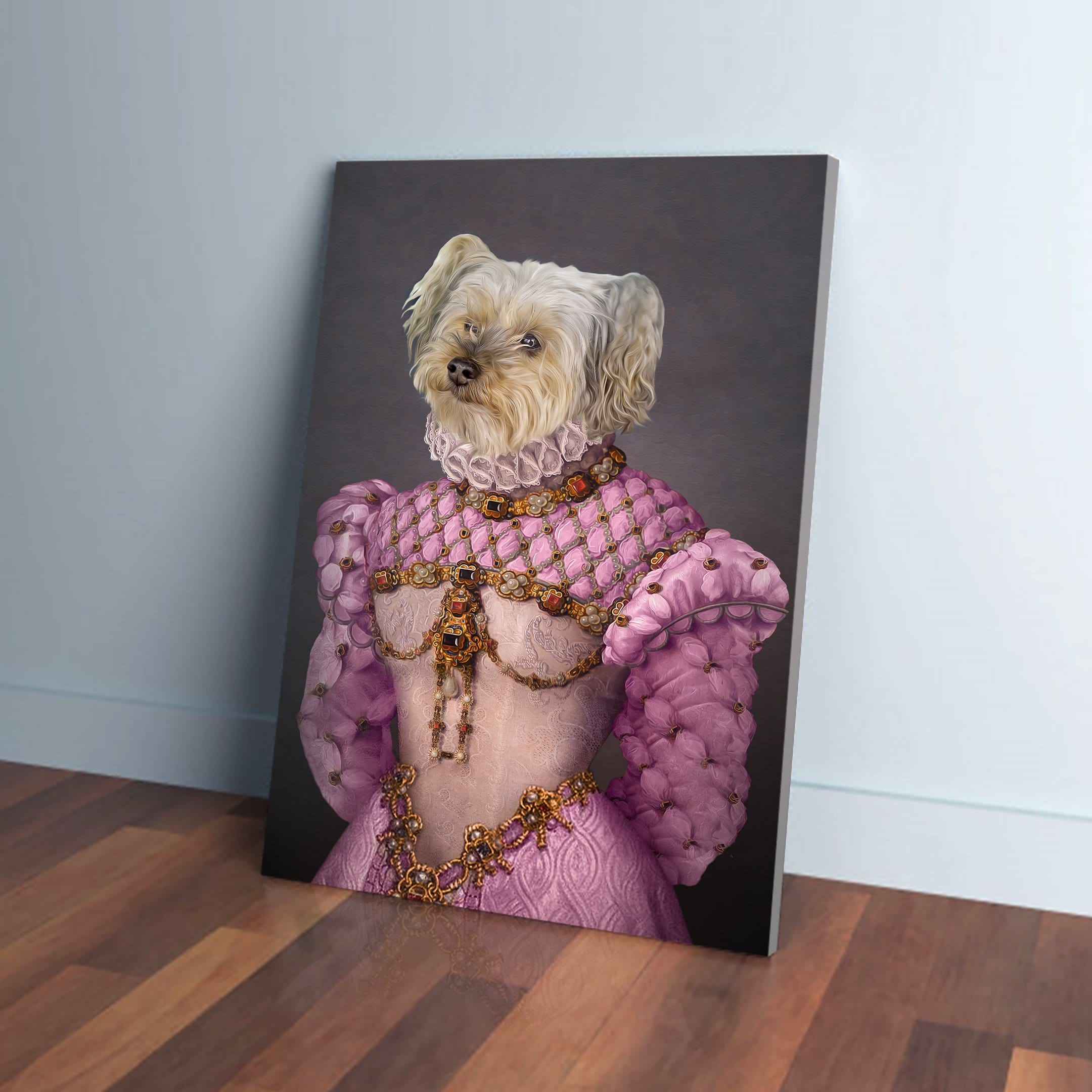 Personalized pet canvas featuring a small dog's head on a pink princess gown with gold accents.