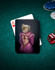 Personalized playing cards featuring a dog in a pink royal renaissance portrait on a green felt table.