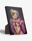 Personalized pet standing canvas featuring a dog's head on a pink princess gown with gold details.