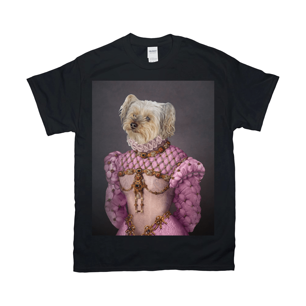 Black Gildan t-shirt featuring a personalized portrait of a dog in a pink princess gown.