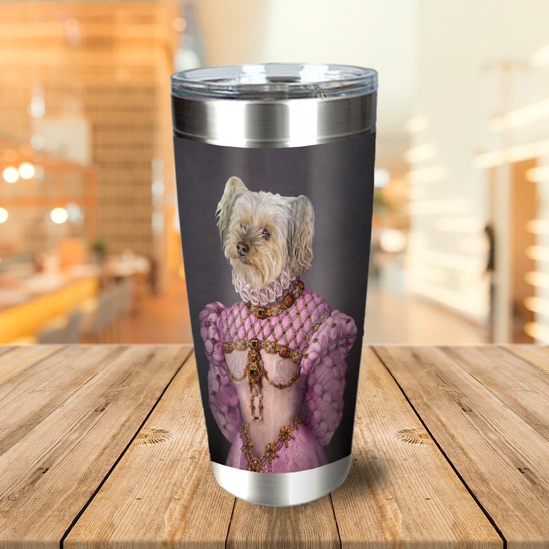 Personalized stainless steel tumbler with a custom royal portrait of a dog in a pink renaissance gown.