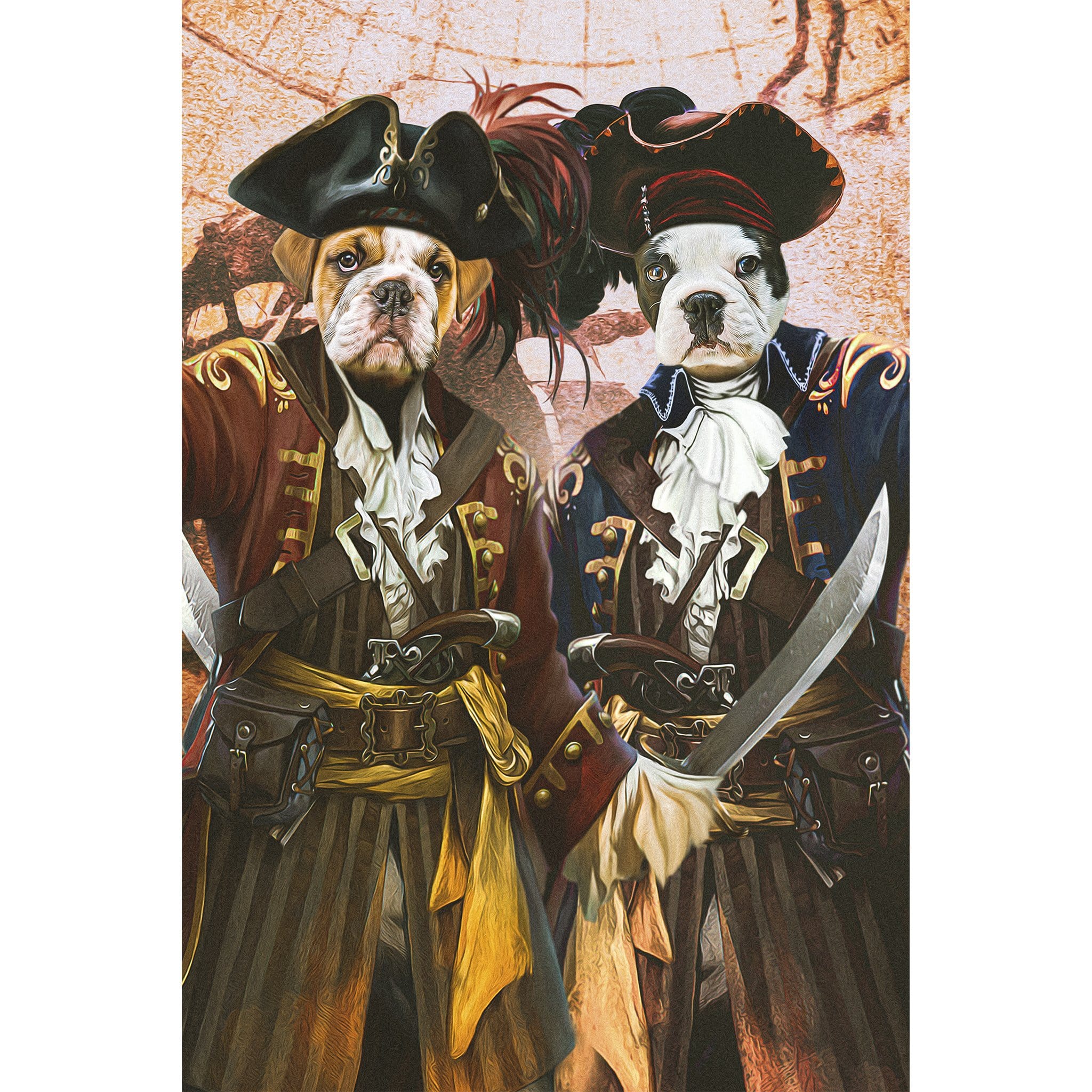 Custom digital portrait of two bulldogs dressed as pirates with swords on a vintage map background.