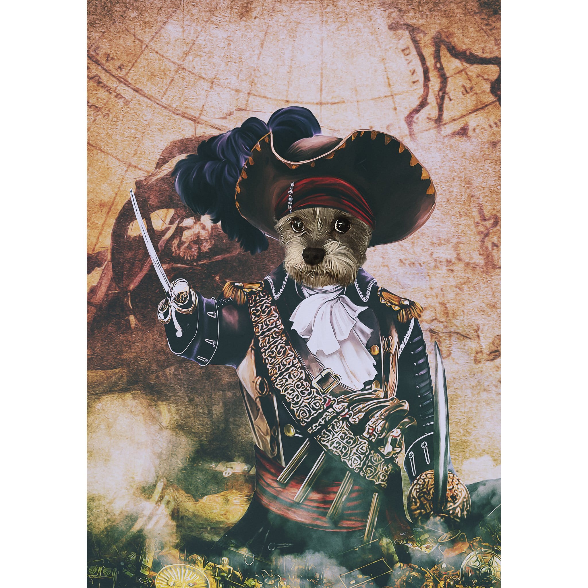 Custom digital portrait of a dog as a pirate, set against an old map background.