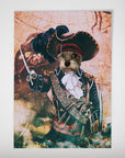 Personalized 'The Pirate' dog poster featuring a terrier's face on a pirate captain, holding a sword.