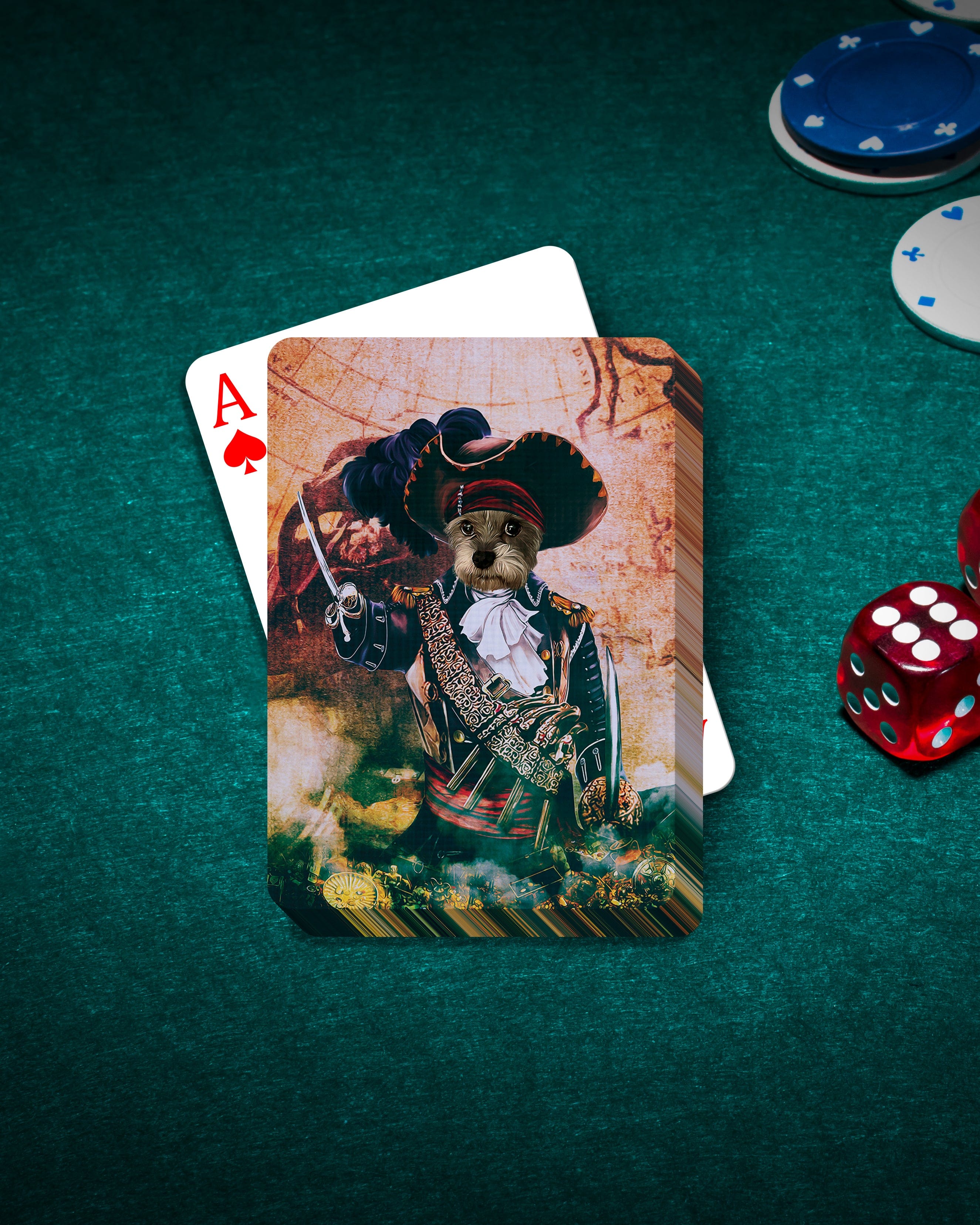 Personalized playing cards featuring a dog's portrait as a pirate on a vintage map background.