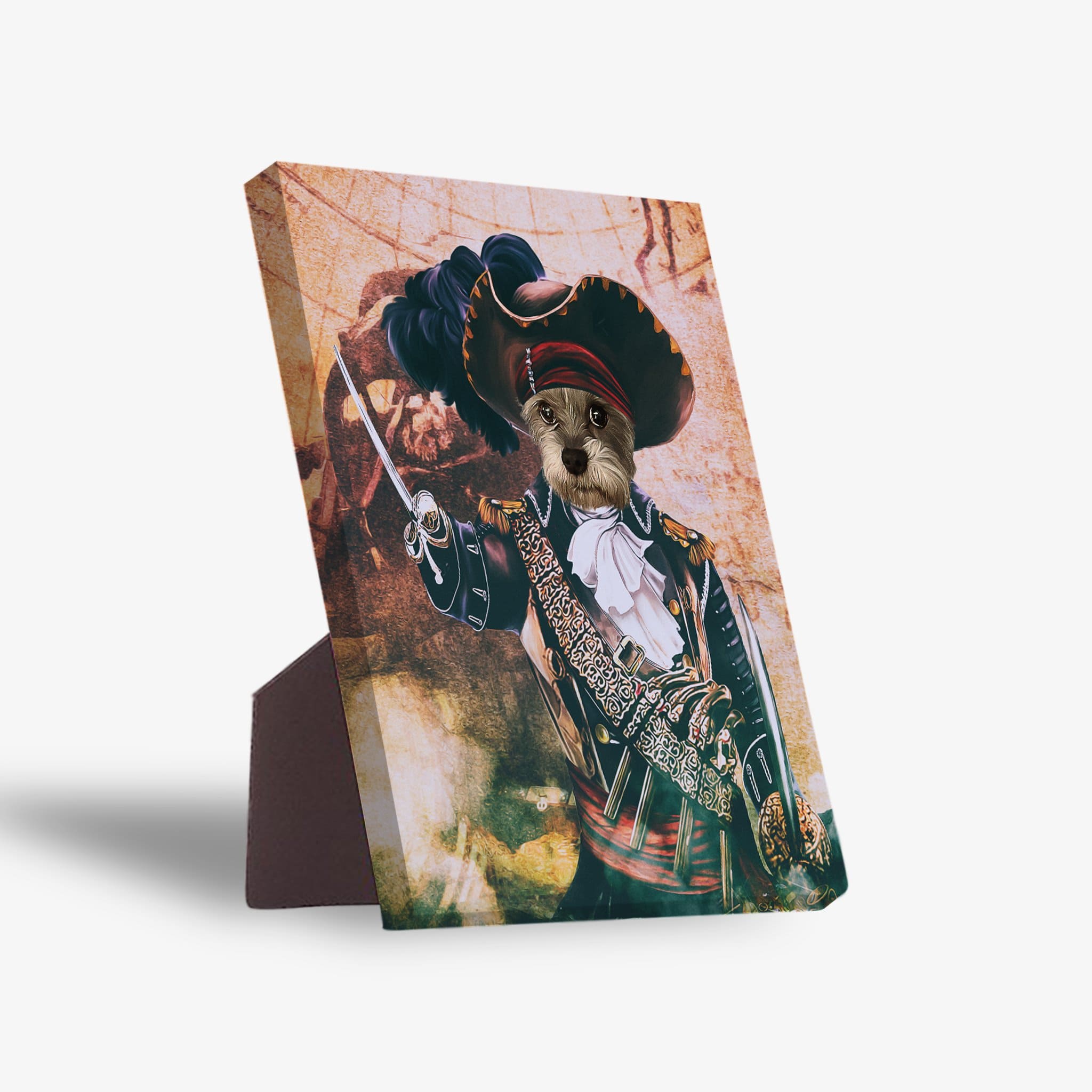 Personalized pet standing canvas featuring a dog's head on a pirate captain's body with a sword.