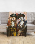 Personalized 'The Pirates' custom pet portrait blanket featuring two dogs in pirate costumes on a grey couch.