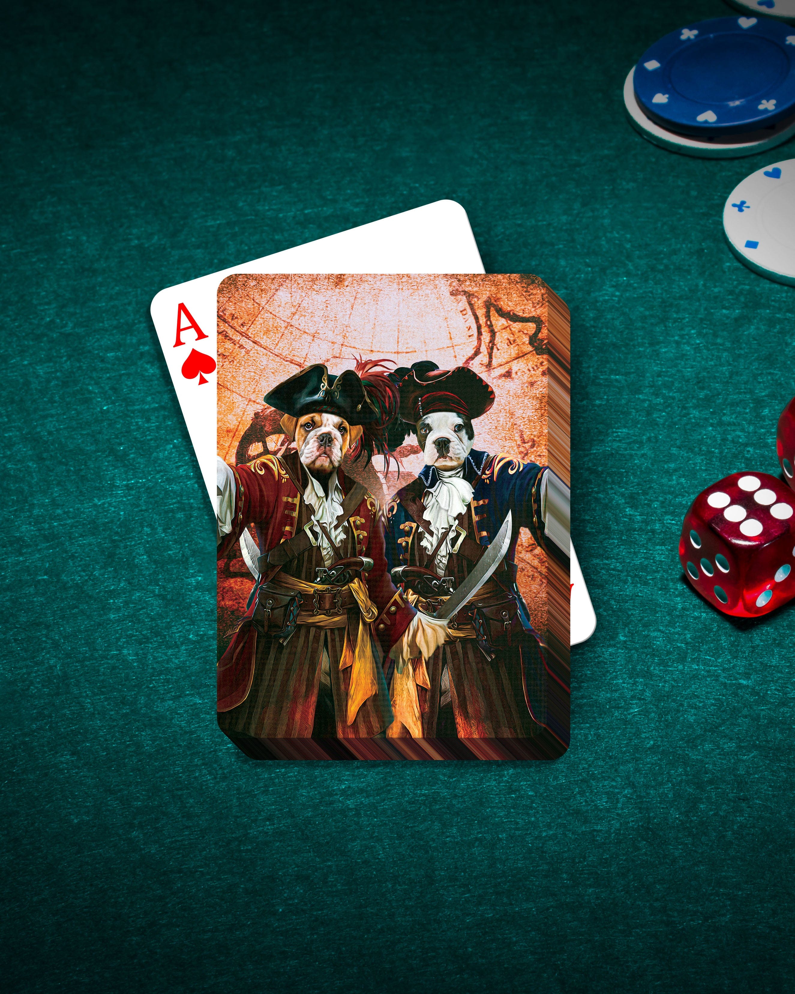 Personalized playing cards featuring two dogs in pirate costumes on a map background, with poker chips and dice.