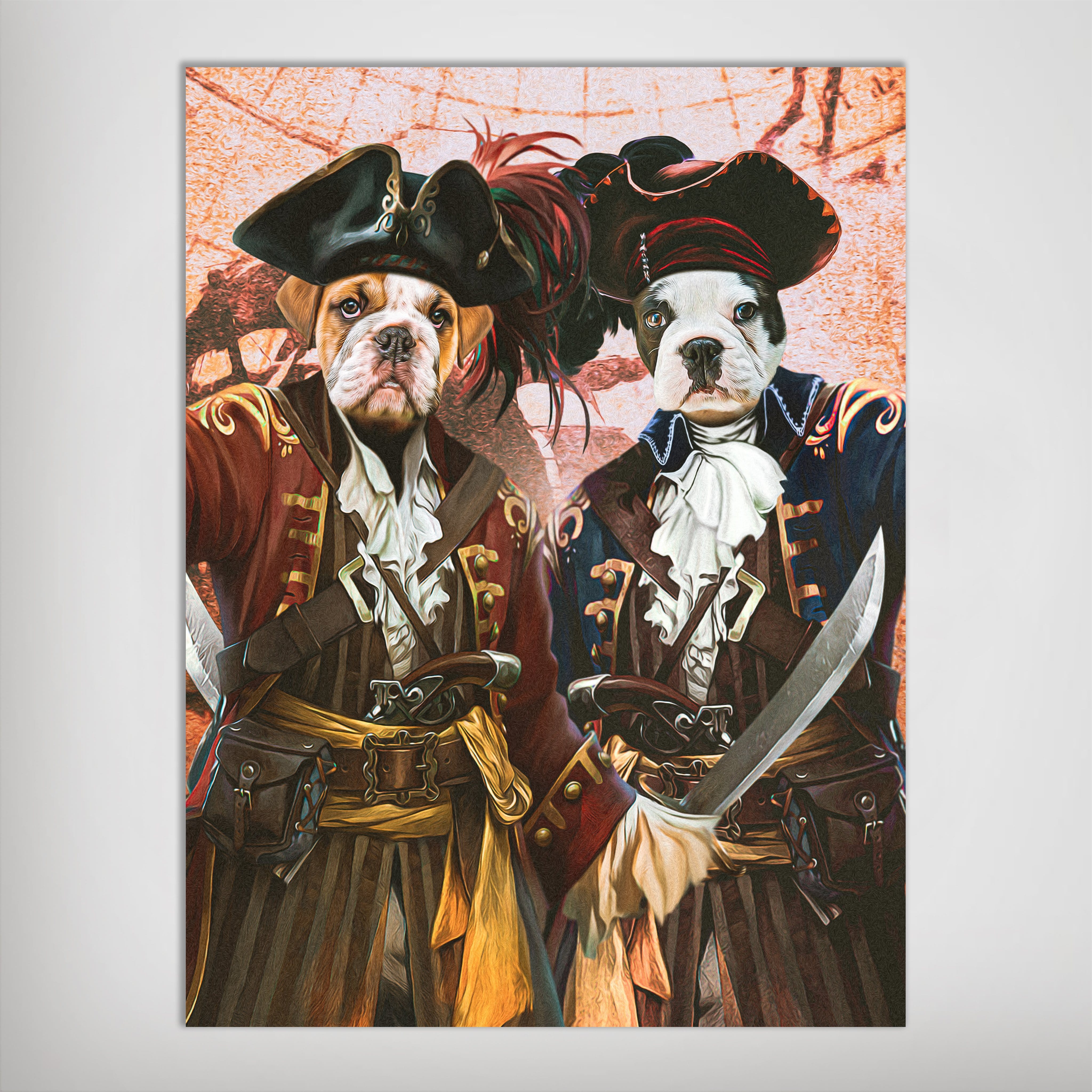 Personalized matte poster featuring two dogs as pirates in historical outfits, holding swords, on an antique map background.