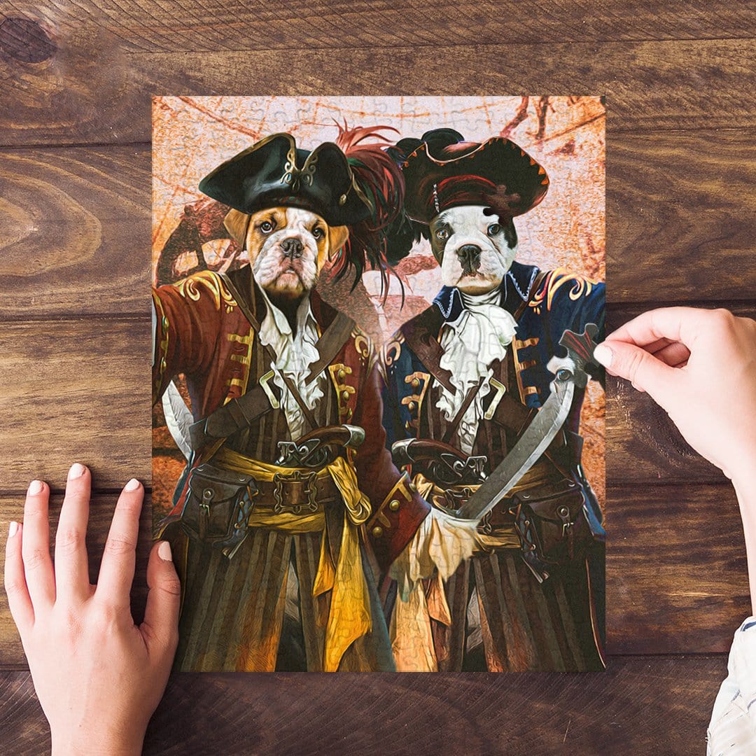 Personalized 2-pet pirate portrait puzzle featuring two bulldogs in custom renaissance-style costumes.