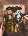 Personalized 2-pet pirate portrait puzzle featuring two bulldogs in custom renaissance-style costumes.