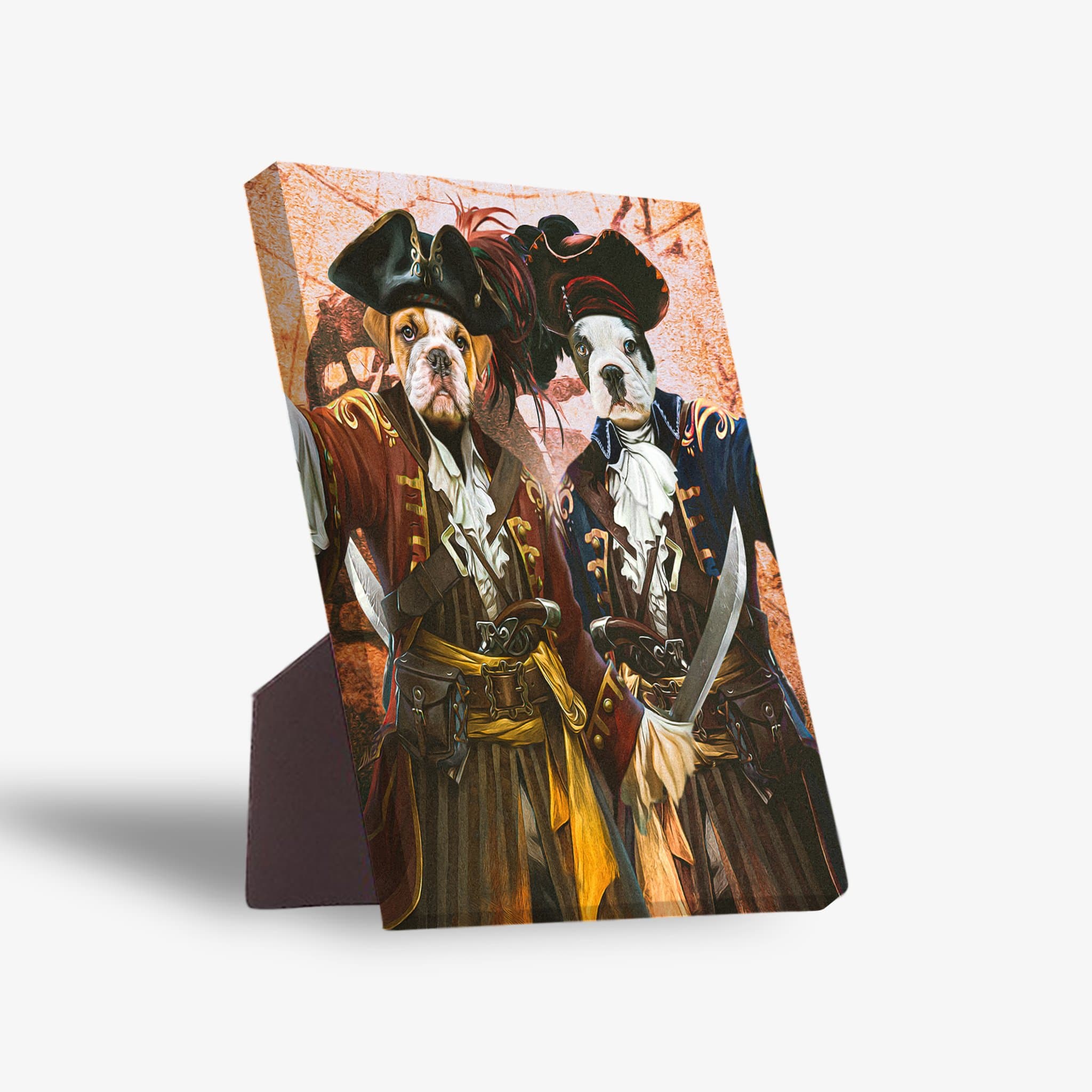 Personalized standing canvas featuring two pets as pirates in colorful costumes with a sturdy stand.