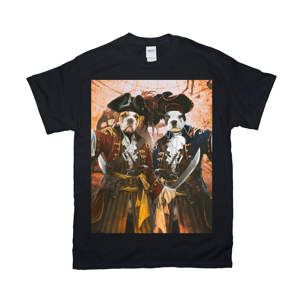 Black Gildan t-shirt featuring two personalized pet portraits as pirates with swords on a map background.