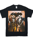 Black Gildan t-shirt featuring two personalized pet portraits as pirates with swords on a map background.