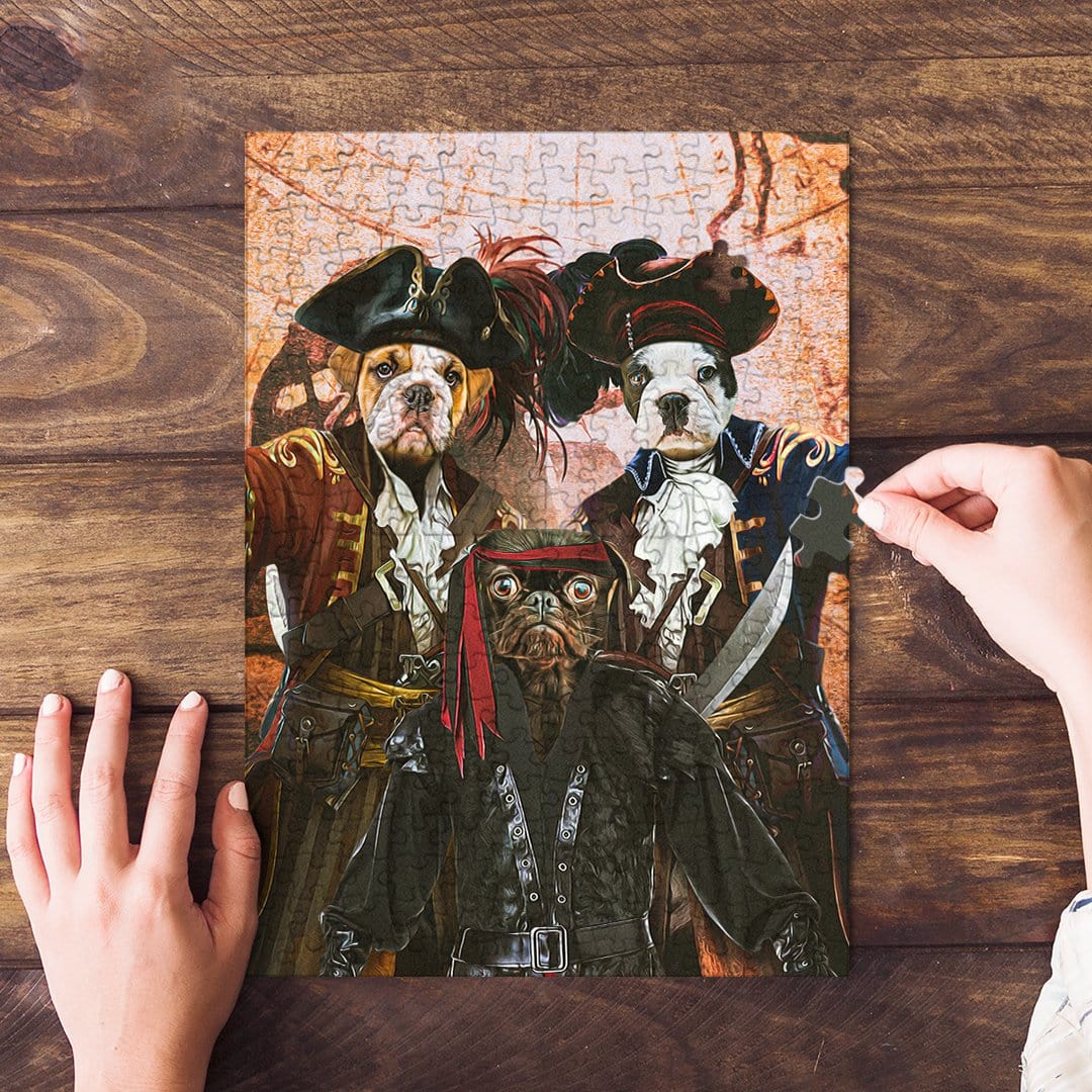 Personalized 3-pet pirate puzzle featuring dogs in renaissance-style costumes, with hands assembling it.