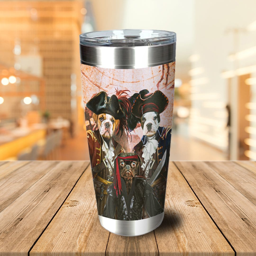 Personalized stainless steel tumbler with three dogs dressed as pirates on a vintage map background.
