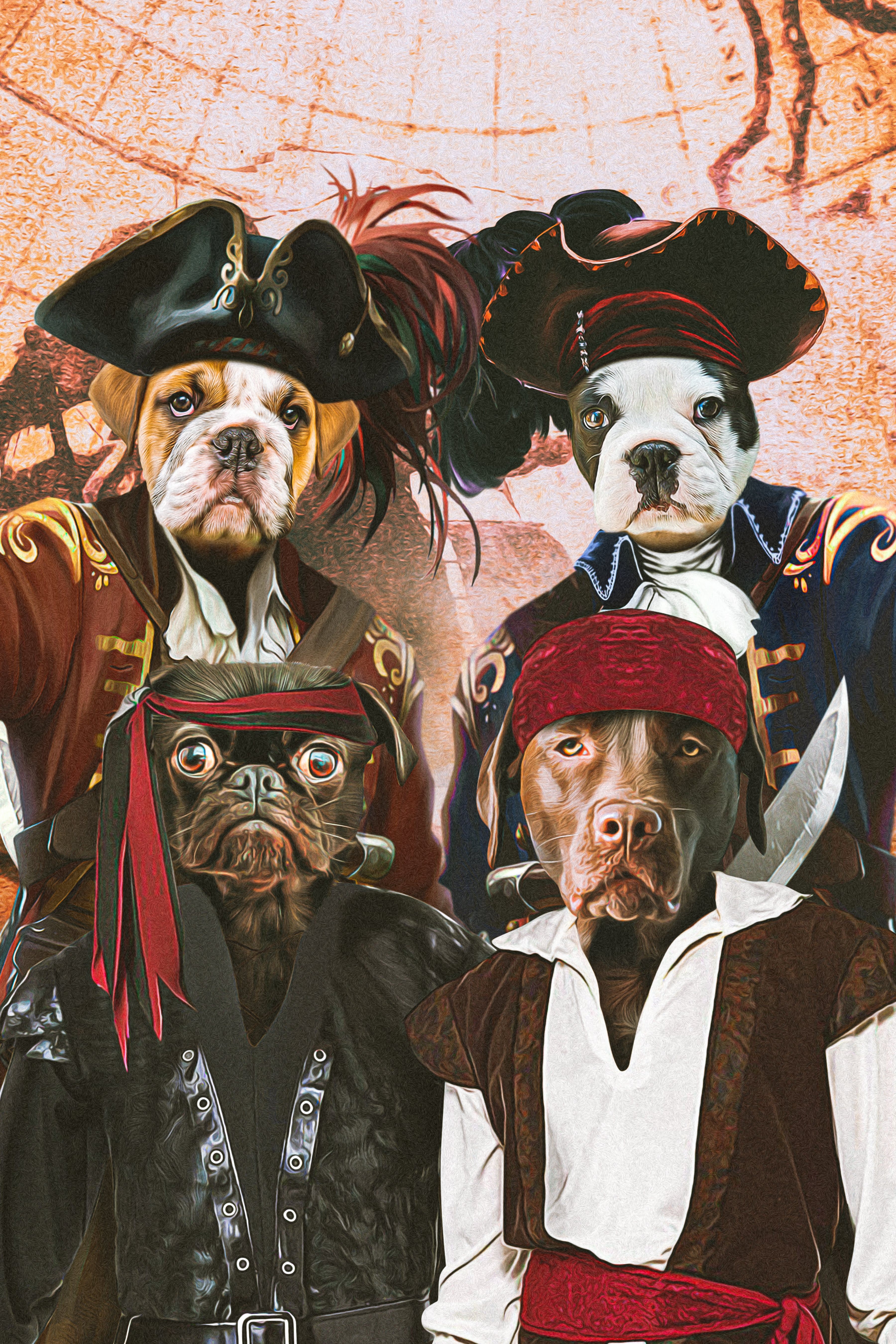 Custom digital portrait of four pets dressed as pirates on a vintage map background.