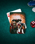 Personalized playing cards featuring four pets as pirates on a vintage map background, with poker chips and dice.