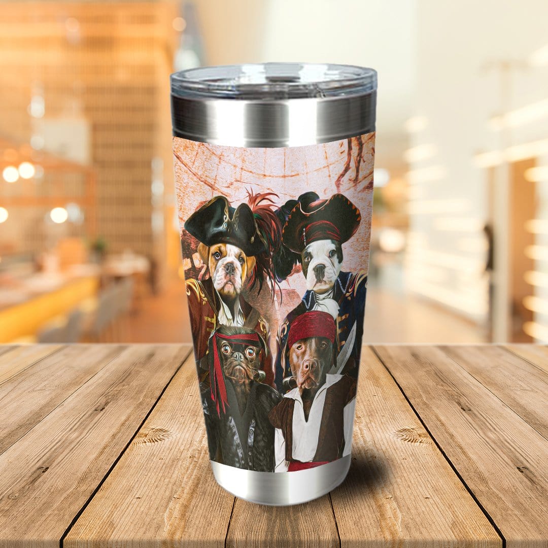 Personalized stainless steel tumbler with four pets dressed as pirates on a map background.