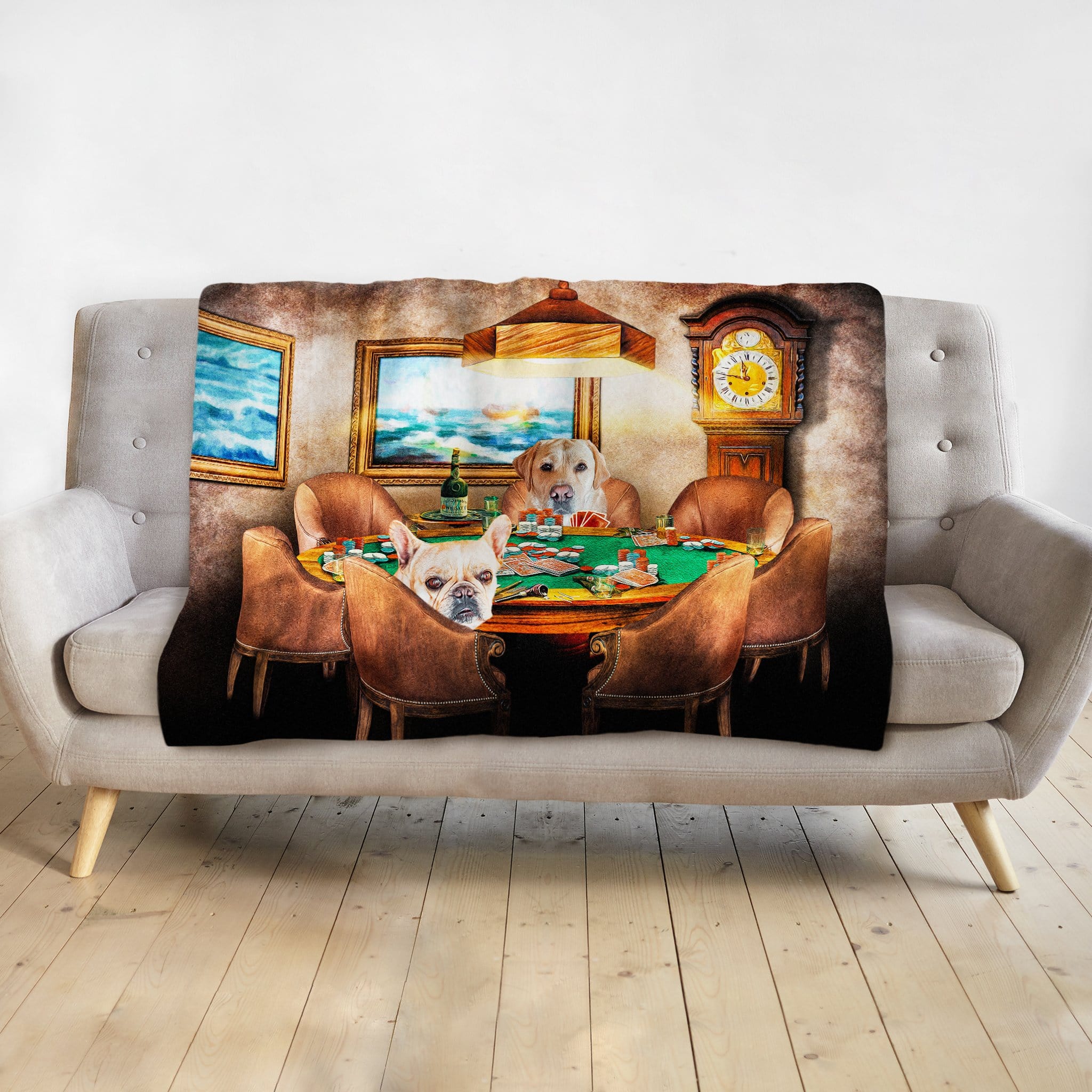 Personalized 2-pet blanket with a custom watercolor portrait of a French Bulldog and Labrador playing poker.