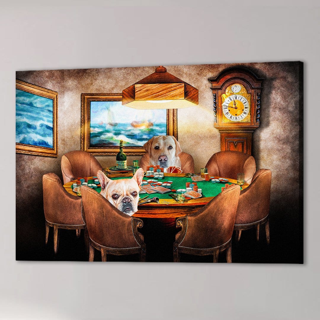 Personalized canvas print of two pets, a golden retriever and a French bulldog, playing poker at a green table.