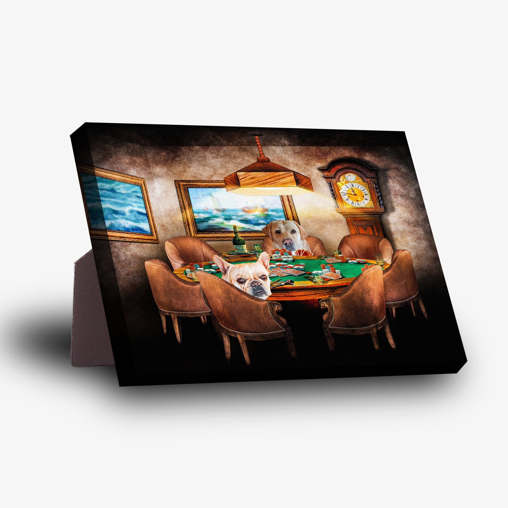 Personalized 'Poker Players' standing canvas featuring two pets as poker players in a dark, classic room.