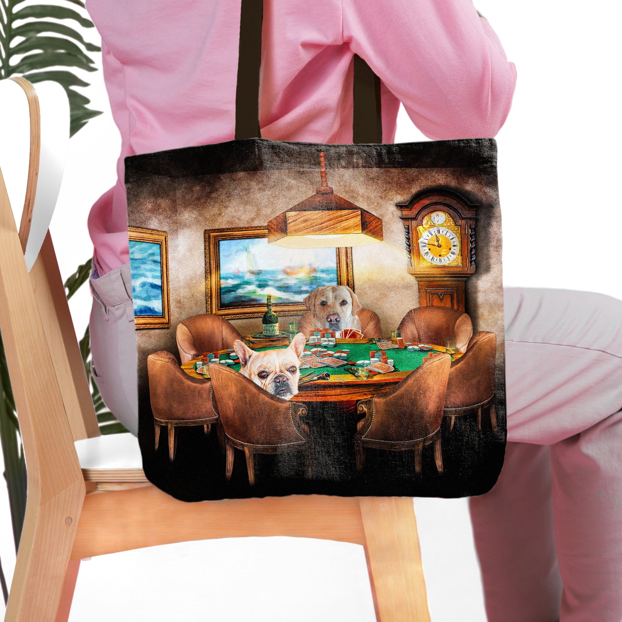 Personalized 2-pet tote bag with dogs in a "Poker Players" renaissance portrait style.