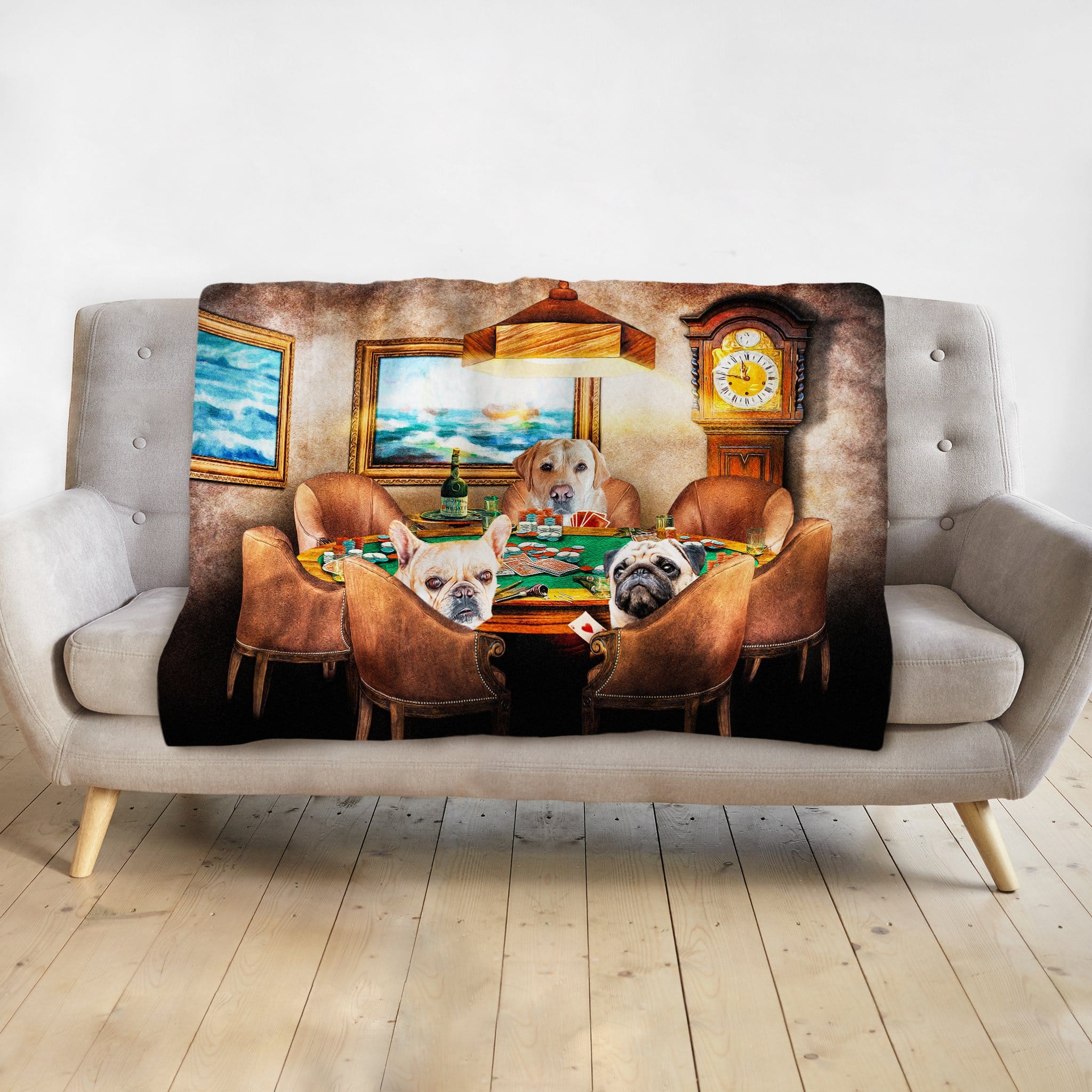 Custom personalized blanket with three pet dogs playing poker in a renaissance-style watercolor portrait.
