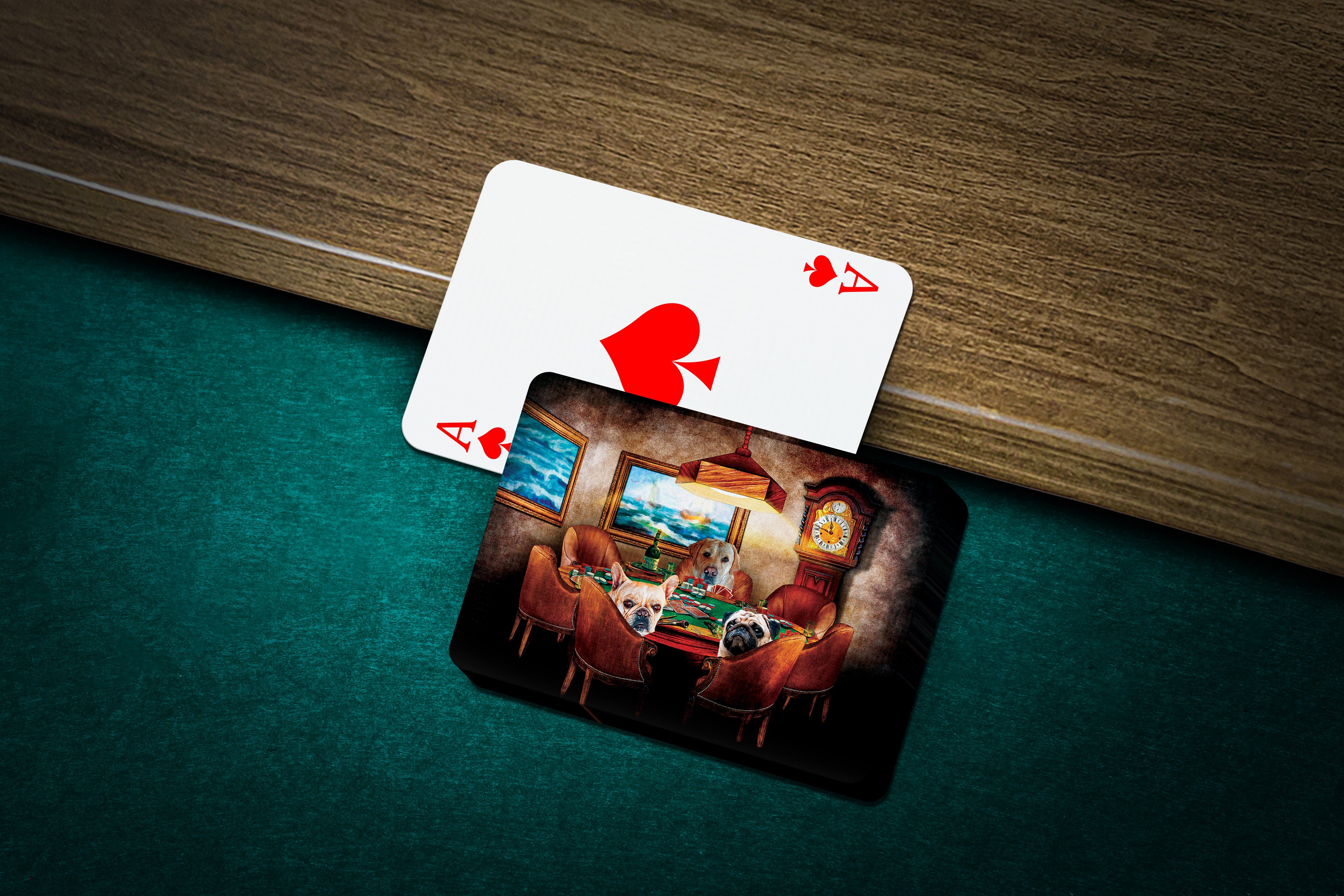 Personalized playing cards featuring 3 pets in a renaissance-style poker scene, with an Ace of Spades card.
