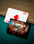 Personalized playing cards featuring 3 pets in a renaissance-style poker scene, with an Ace of Spades card.