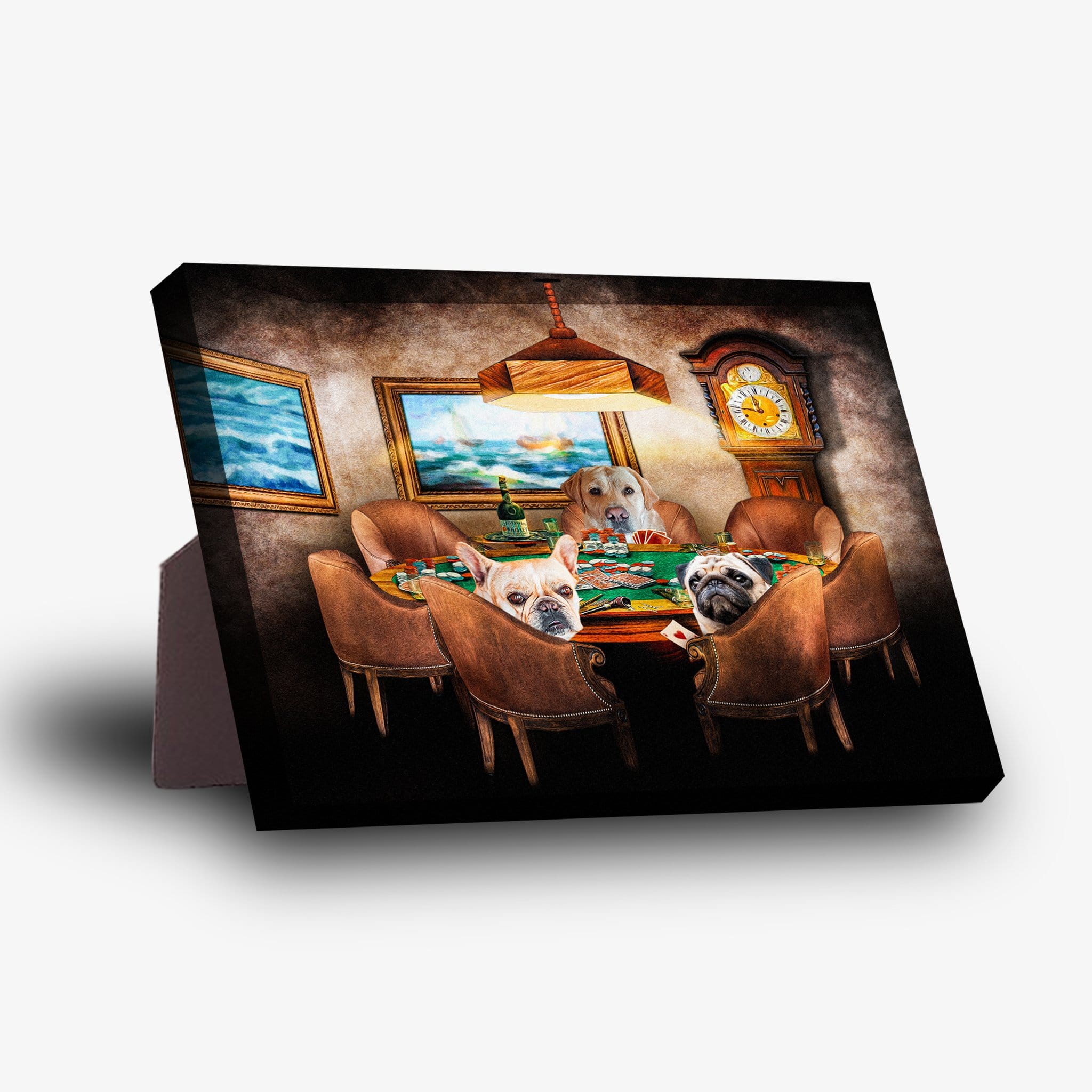 Personalized 3-pet "Poker Players" standing canvas art featuring dogs at a poker table.