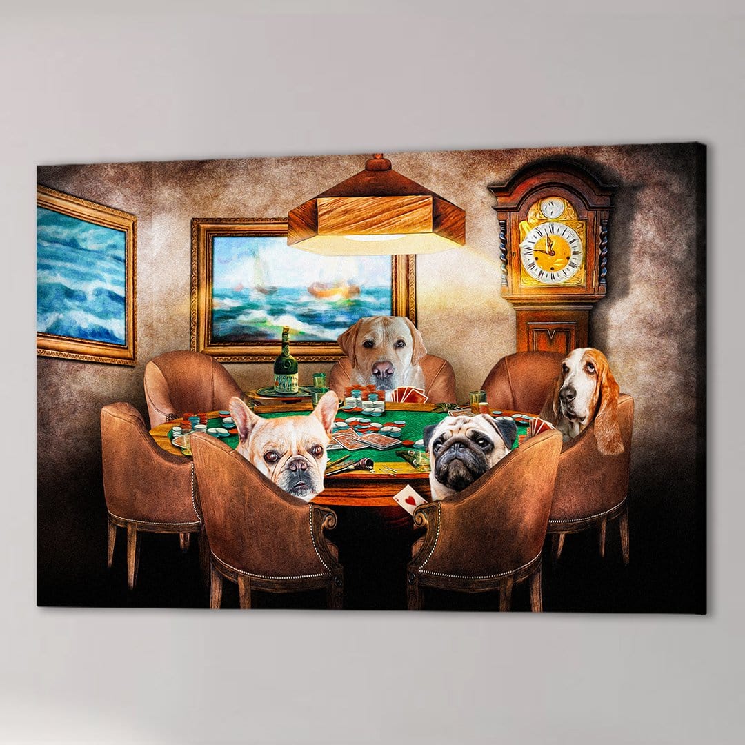 Personalized canvas print showing four dogs playing poker around a green table with brown chairs.