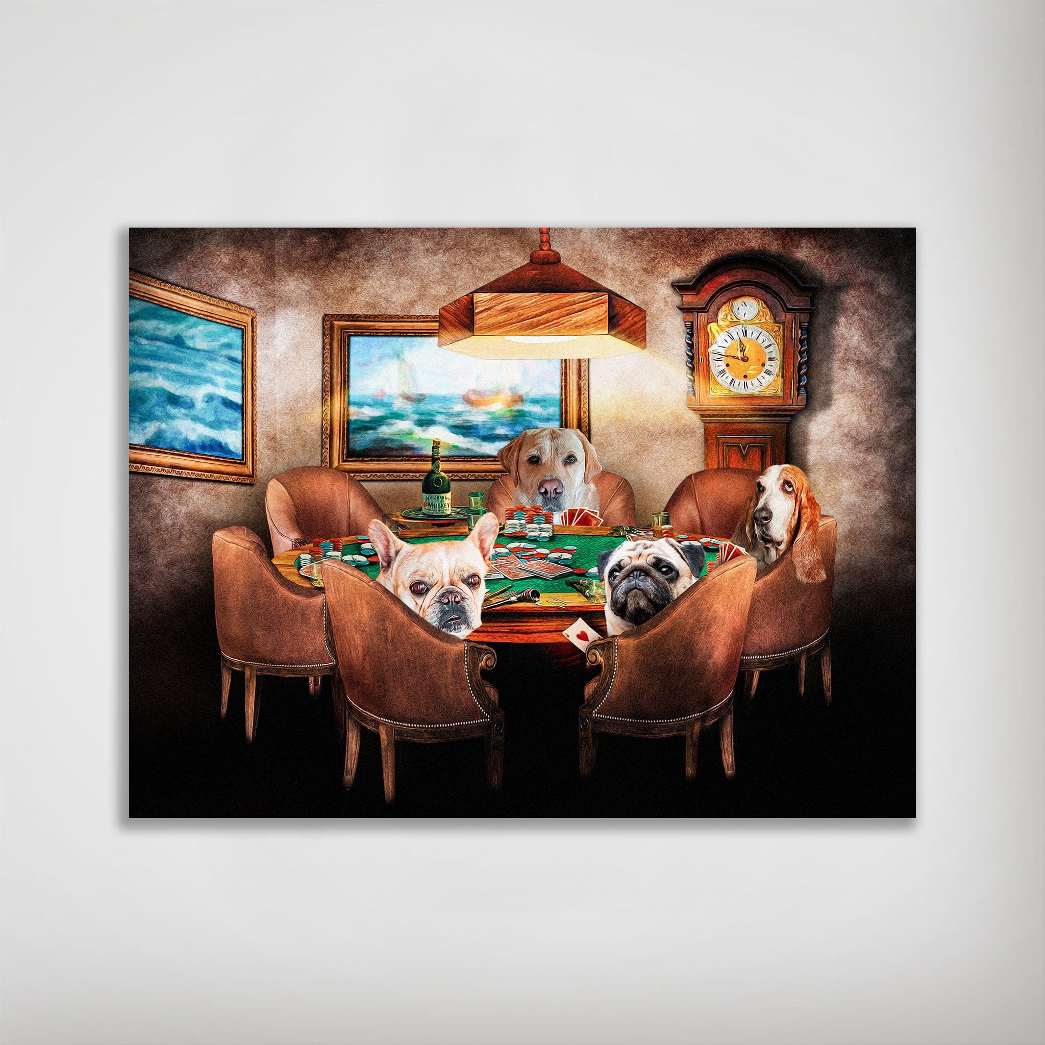 Personalized "The Poker Players" poster featuring four pets (Labrador, French Bulldog, Pug, Basset Hound) playing cards.