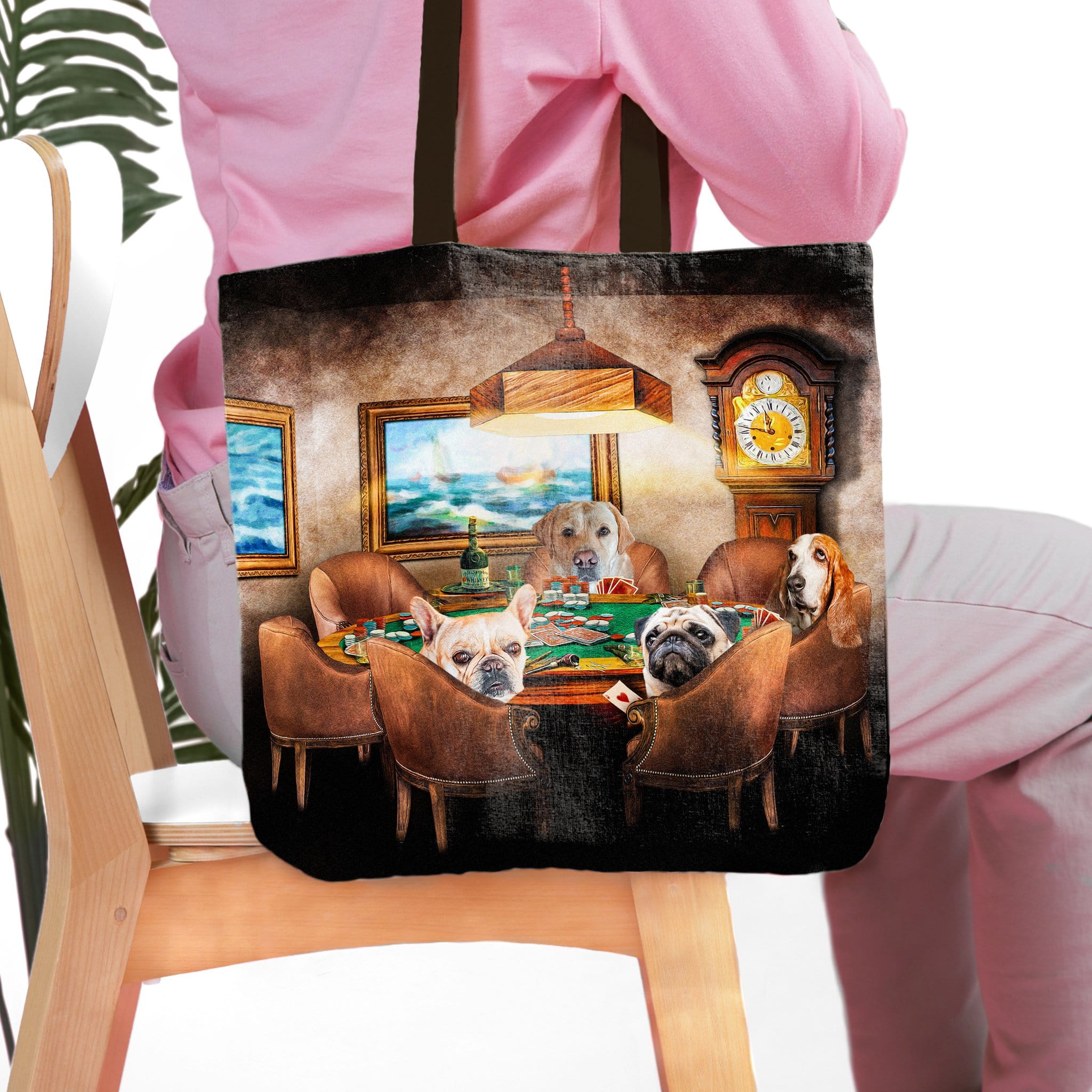 Personalized 4-pet tote bag featuring dogs in a "Poker Players" renaissance portrait style.