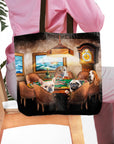 Personalized 4-pet tote bag featuring dogs in a "Poker Players" renaissance portrait style.